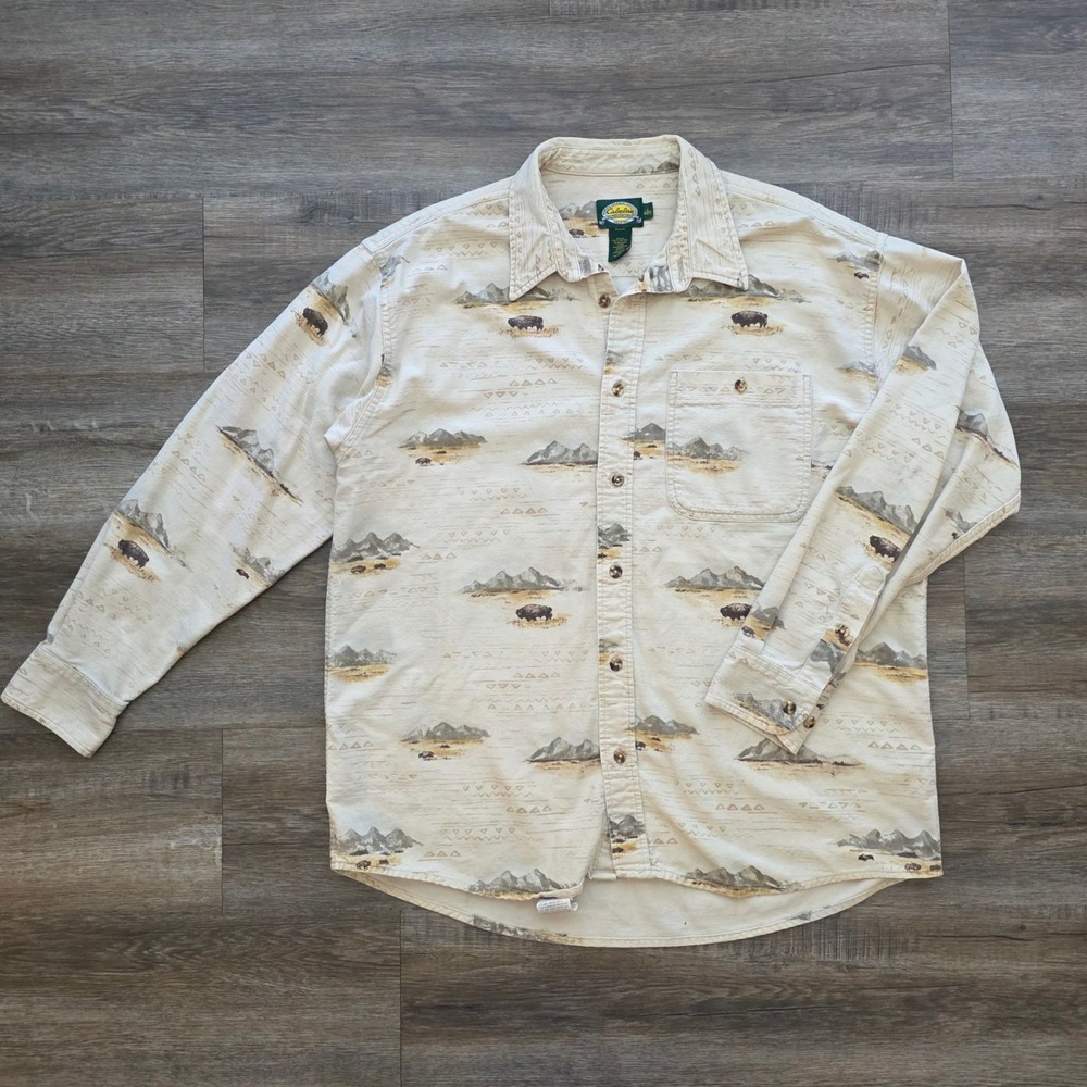 Vintage Cabelas Cream Bison Mountain Shirt Mens Western Large <3